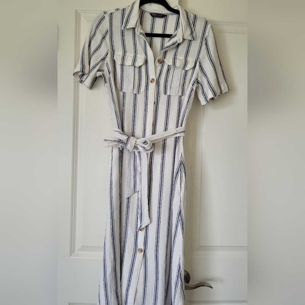 Marks & Spencer White and Blue Buttoned Midi Dress